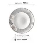 26 cm çapında, 5,2 cm yüksekliğe ve 400 ml hacme sahip gri beton efektli ve etnik mandala desenli derin yuvarlak HappyChef açık büfe çorba ve makarna sunum tabağı.