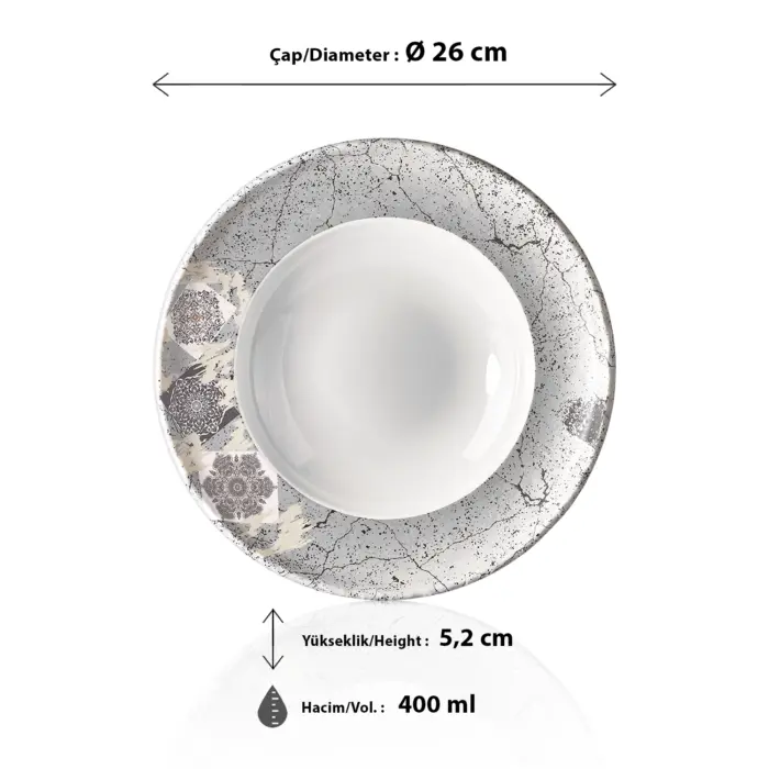26 cm çapında, 5,2 cm yüksekliğe ve 400 ml hacme sahip gri beton efektli ve etnik mandala desenli derin yuvarlak HappyChef açık büfe çorba ve makarna sunum tabağı.
