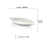 38x20 cm ölçülerinde, 5 cm derinliğe sahip krem beyaz renkli yaprak ve kayık formunda HappyChef açık büfe sunum kasesi ve meze teşhir tabağı.