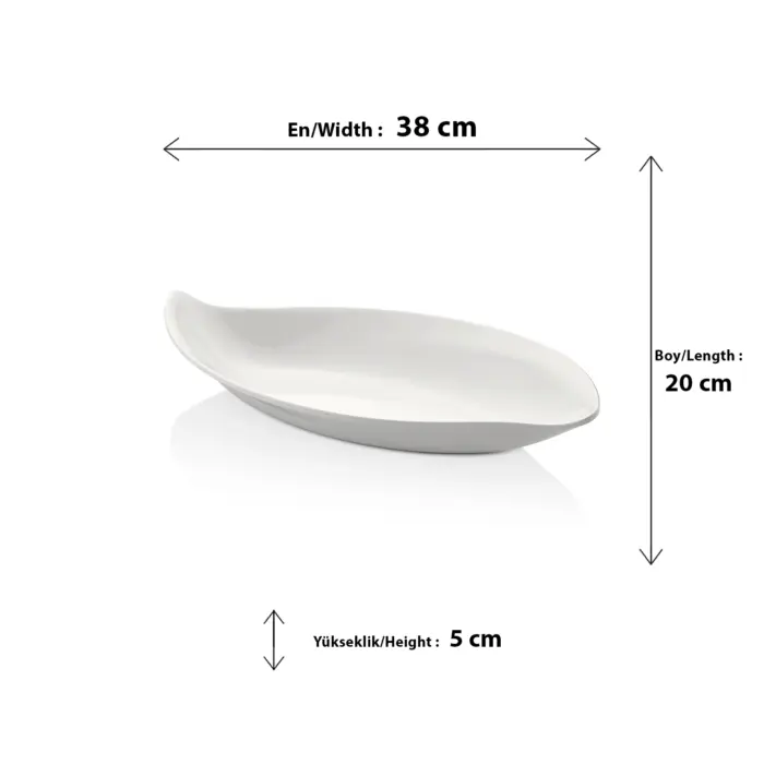 38x20 cm ölçülerinde, 5 cm derinliğe sahip krem beyaz renkli yaprak ve kayık formunda HappyChef açık büfe sunum kasesi ve meze teşhir tabağı.