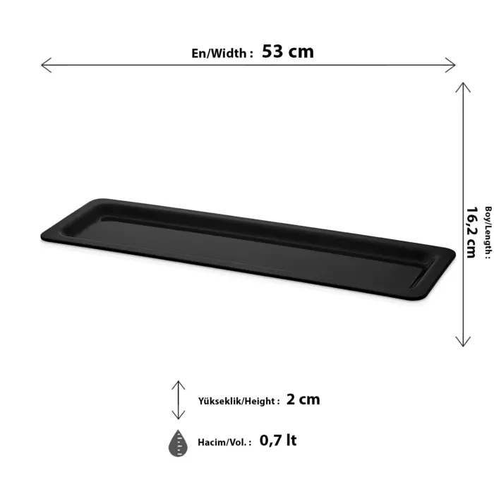 53x16.2 cm ölçülerinde, 2 cm derinliğinde ve 0.7 litre hacimli siyah renkli uzun dikdörtgen HappyChef gastronorm küvet ve teşhir tepsisi.