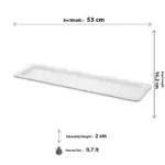 53x16.2 cm ölçülerinde, 2 cm derinliğinde ve 0.7 litre hacimli krem beyaz renkli uzun dikdörtgen HappyChef gastronorm küvet ve teşhir tepsisi.