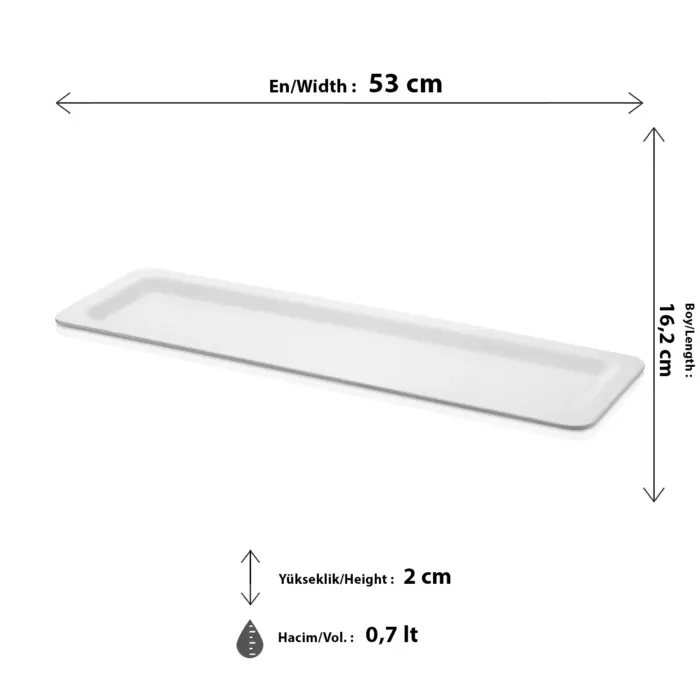 53x16.2 cm ölçülerinde, 2 cm derinliğinde ve 0.7 litre hacimli krem beyaz renkli uzun dikdörtgen HappyChef gastronorm küvet ve teşhir tepsisi.