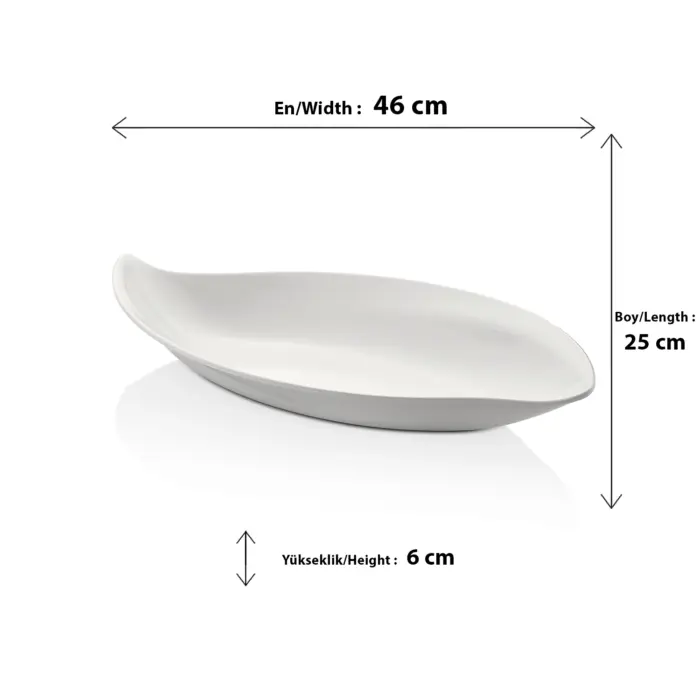 46x25 cm ölçülerinde, 6 cm derinliğe sahip krem beyaz renkli yaprak ve kayık formunda HappyChef açık büfe sunum kasesi ve meze teşhir tabağı.