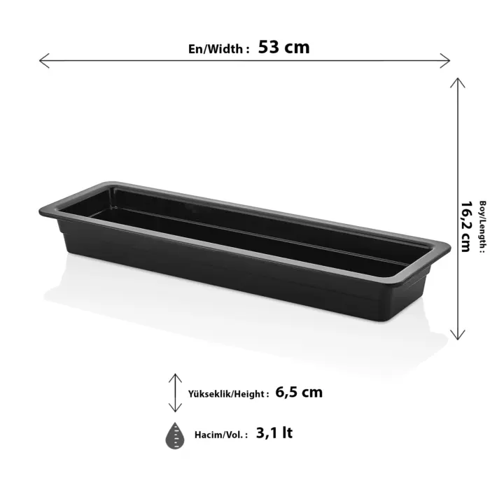 53x16.2 cm ölçülerinde, 6.5 cm derinliğinde ve 3.1 litre hacimli siyah renkli uzun dikdörtgen HappyChef derin gastronorm küvet.