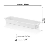 53x16.2 cm ölçülerinde, 6.5 cm derinliğinde ve 3.1 litre hacimli, krem beyaz renkli uzun dikdörtgen derin gastronorm küvet ve teşhir kabı.