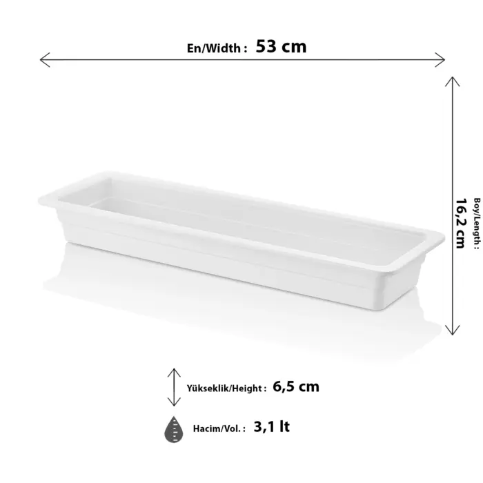53x16.2 cm ölçülerinde, 6.5 cm derinliğinde ve 3.1 litre hacimli, krem beyaz renkli uzun dikdörtgen derin gastronorm küvet ve teşhir kabı.