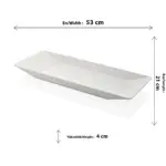 53x21 cm ölçülerinde, 4 cm yüksekliğe sahip krem beyaz renkli uzun ince dikdörtgen HappyChef açık büfe sunum tepsisi ve meze teşhir tabağı.