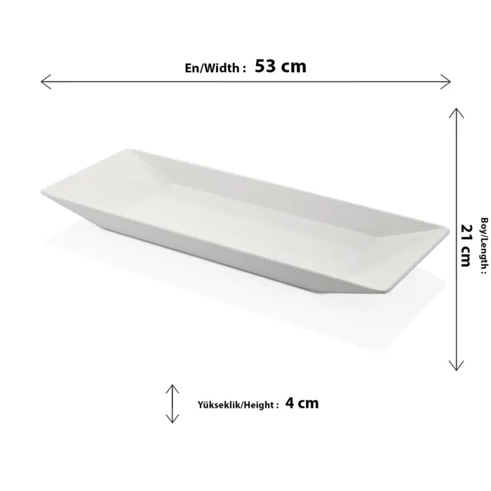 53x21 cm ölçülerinde, 4 cm yüksekliğe sahip krem beyaz renkli uzun ince dikdörtgen HappyChef açık büfe sunum tepsisi ve meze teşhir tabağı.