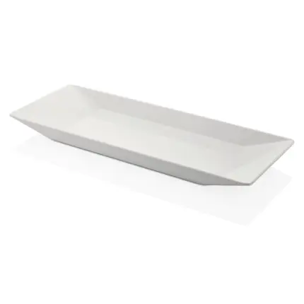 53x21 cm ölçülerinde, 4 cm yüksekliğe sahip krem beyaz renkli uzun ince dikdörtgen HappyChef açık büfe sunum tepsisi ve meze teşhir tabağı.