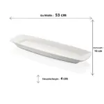 53x16 cm ölçülerinde, 4 cm yüksekliğe sahip krem beyaz renkli uzun ince dikdörtgen HappyChef açık büfe sunum tepsisi ve meze teşhir tabağı.