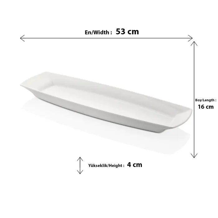 53x16 cm ölçülerinde, 4 cm yüksekliğe sahip krem beyaz renkli uzun ince dikdörtgen HappyChef açık büfe sunum tepsisi ve meze teşhir tabağı.