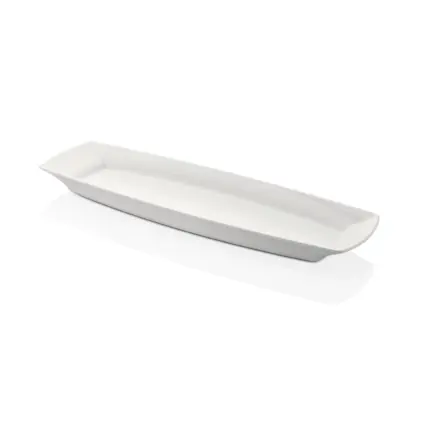 53x16 cm ölçülerinde, 4 cm yüksekliğe sahip krem beyaz renkli uzun ince dikdörtgen HappyChef açık büfe sunum tepsisi ve meze teşhir tabağı.