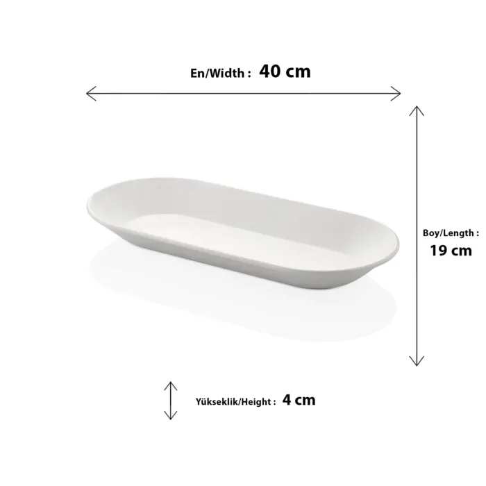 40x19 cm ölçülerinde, 4 cm yüksekliğe sahip krem beyaz renkli uzun oval HappyChef açık büfe sunum tepsisi ve meze teşhir tabağı.