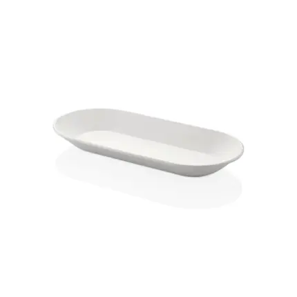 40x19 cm ölçülerinde, 4 cm yüksekliğe sahip krem beyaz renkli uzun oval HappyChef açık büfe sunum tepsisi ve meze teşhir tabağı.