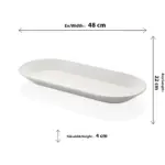 48x22 cm ölçülerinde, 4 cm yüksekliğe sahip krem beyaz renkli uzun oval HappyChef açık büfe sunum tepsisi ve balık/meze teşhir tabağı.