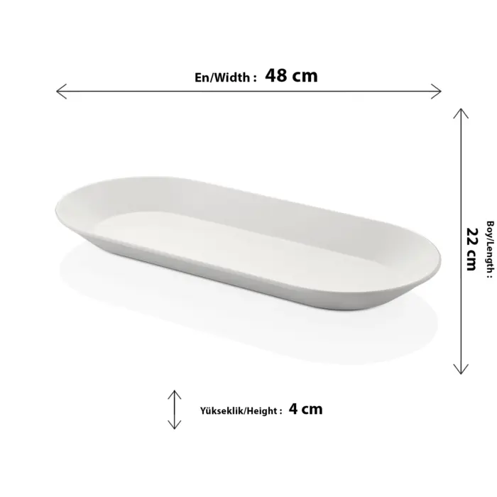 48x22 cm ölçülerinde, 4 cm yüksekliğe sahip krem beyaz renkli uzun oval HappyChef açık büfe sunum tepsisi ve balık/meze teşhir tabağı.