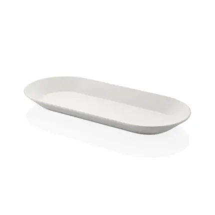 48x22 cm ölçülerinde, 4 cm yüksekliğe sahip krem beyaz renkli uzun oval HappyChef açık büfe sunum tepsisi ve balık/meze teşhir tabağı.