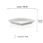 36x21 cm ölçülerinde, 4 cm sığ derinliğe sahip krem beyaz renkli kavisli köşe formunda HappyChef gastronorm teşhir tabağı ve sunum kabı.