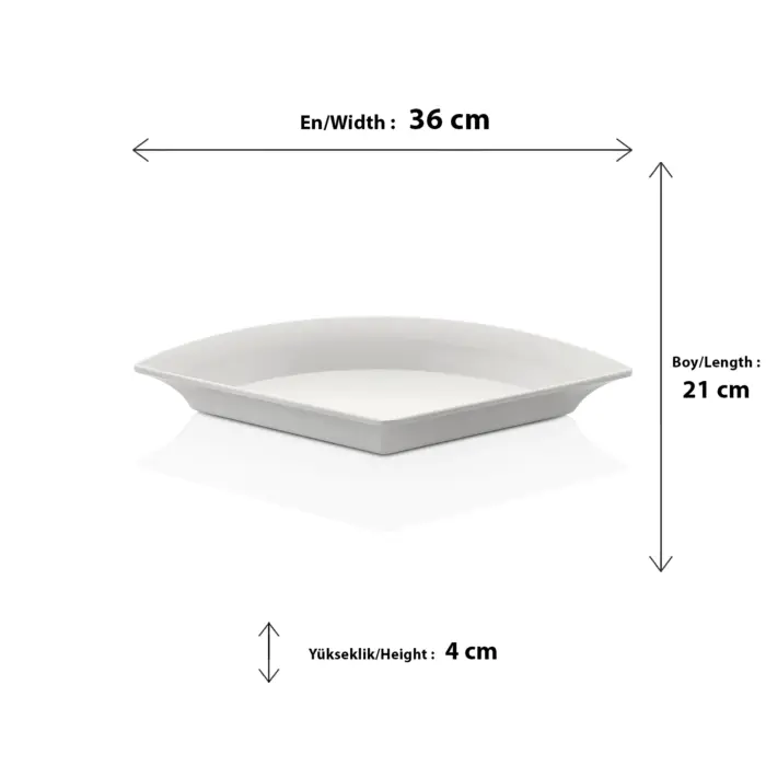 36x21 cm ölçülerinde, 4 cm sığ derinliğe sahip krem beyaz renkli kavisli köşe formunda HappyChef gastronorm teşhir tabağı ve sunum kabı.