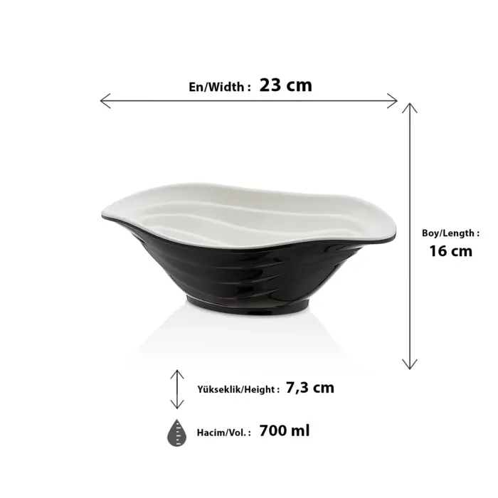 23x16 cm ölçülerinde, 7,3 cm yüksekliğe ve 700 ml hacme sahip dışı parlak siyah içi beyaz dalgalı oval HappyChef melamin mini açık büfe meze ve sos sunum kasesi.