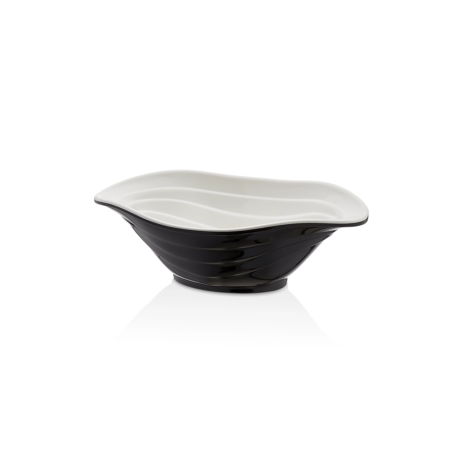 HappyChef Çift Renkli Dalgalı Sunum Kasesi Siyah-Beyaz – 23x16 cm / 700 ml 23x16 cm ölçülerinde, 7,3 cm yüksekliğe ve 700 ml hacme sahip dışı parlak siyah içi beyaz dalgalı oval HappyChef melamin mini açık büfe meze ve sos sunum kasesi.