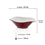 23x16 cm ölçülerinde, 7,3 cm yüksekliğe ve 700 ml hacme sahip dışı parlak mürdüm kırmızı içi beyaz dalgalı oval HappyChef melamin mini açık büfe meze ve sos sunum kasesi.