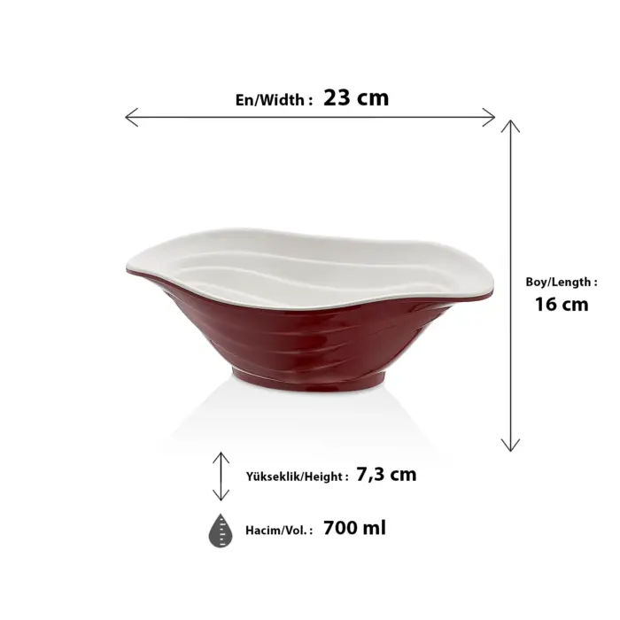 23x16 cm ölçülerinde, 7,3 cm yüksekliğe ve 700 ml hacme sahip dışı parlak mürdüm kırmızı içi beyaz dalgalı oval HappyChef melamin mini açık büfe meze ve sos sunum kasesi.