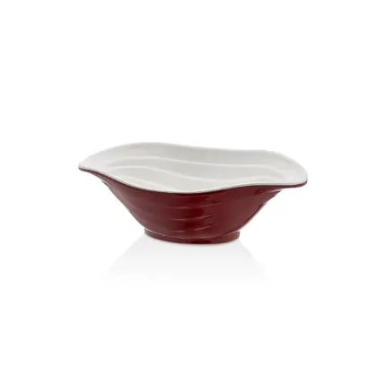 23x16 cm ölçülerinde, 7,3 cm yüksekliğe ve 700 ml hacme sahip dışı parlak mürdüm kırmızı içi beyaz dalgalı oval HappyChef melamin mini açık büfe meze ve sos sunum kasesi.