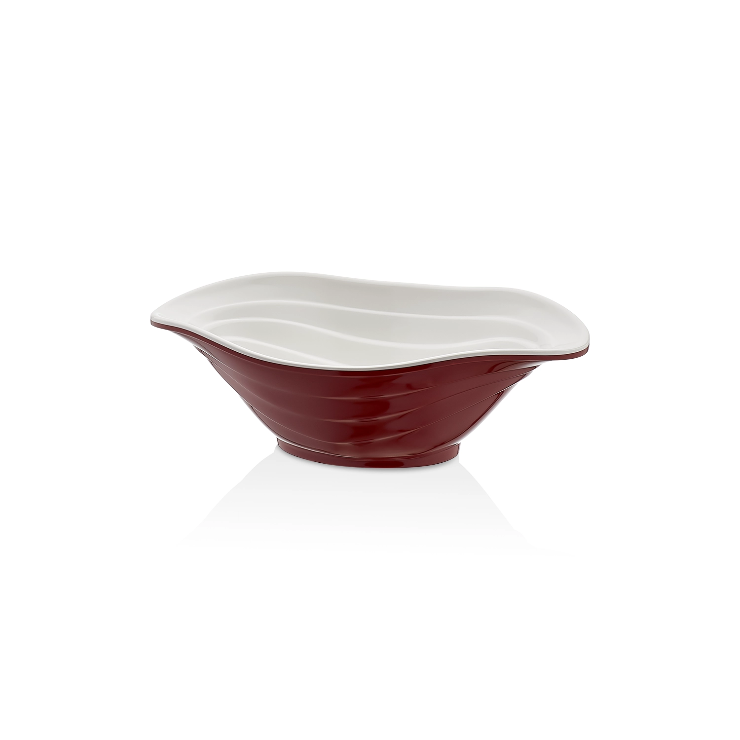 HappyChef Çift Renkli Dalgalı Sunum Kasesi Mürdüm-Beyaz – 23x16 cm / 700 ml 23x16 cm ölçülerinde, 7,3 cm yüksekliğe ve 700 ml hacme sahip dışı parlak mürdüm kırmızı içi beyaz dalgalı oval HappyChef melamin mini açık büfe meze ve sos sunum kasesi.