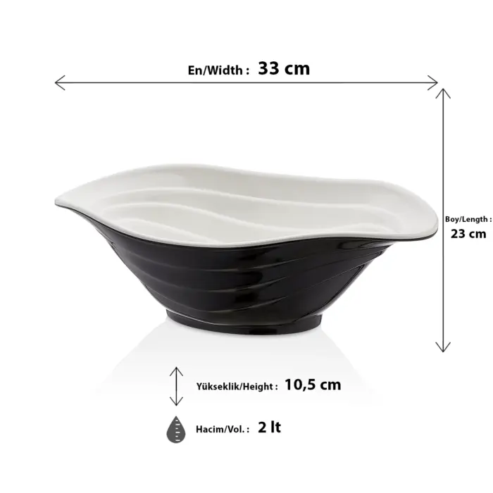 33x23 cm ölçülerinde, 10,5 cm yüksekliğe ve 2 litre hacme sahip dışı parlak siyah içi beyaz dalgalı oval HappyChef melamin açık büfe salata ve meze sunum kasesi.
