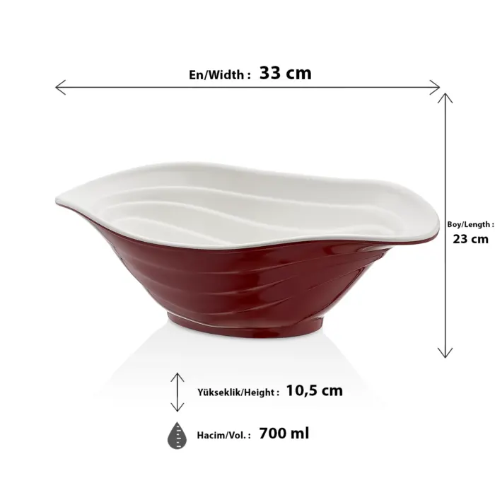 33x23 cm ölçülerinde, 10,5 cm yüksekliğe ve 700 ml hacme sahip dışı parlak mürdüm kırmızı içi beyaz dalgalı oval HappyChef melamin açık büfe salata ve meze sunum kasesi.