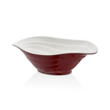 33x23 cm ölçülerinde, 10,5 cm yüksekliğe ve 700 ml hacme sahip dışı parlak mürdüm kırmızı içi beyaz dalgalı oval HappyChef melamin açık büfe salata ve meze sunum kasesi.