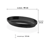 40x25 cm ölçülerinde, 5,5 cm derinliğe sahip dışı kaya dokulu siyah renkli oval HappyChef açık büfe sunum kasesi ve meze teşhir kayık tabağı.