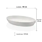 40x25 cm ölçülerinde, 5,5 cm derinliğe sahip dışı kaya dokulu krem beyaz renkli oval HappyChef açık büfe sunum kasesi ve meze teşhir kayık tabağı.