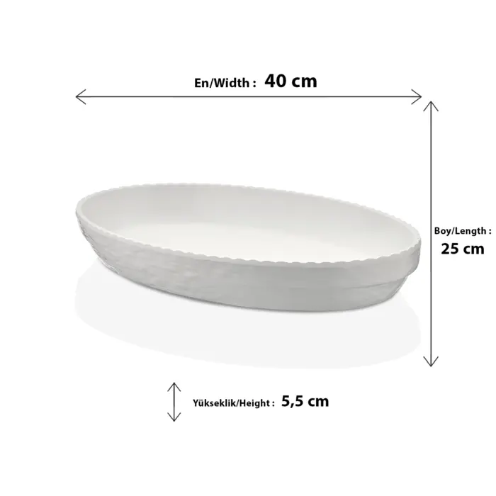 40x25 cm ölçülerinde, 5,5 cm derinliğe sahip dışı kaya dokulu krem beyaz renkli oval HappyChef açık büfe sunum kasesi ve meze teşhir kayık tabağı.