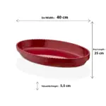 40x25 cm ölçülerinde, 5,5 cm derinliğe sahip, dışı kaya dokulu kırmızı renkli oval HappyChef açık büfe sunum kasesi ve meze teşhir kayık tabağı.