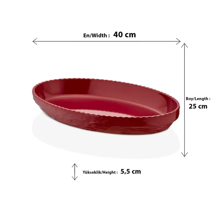 40x25 cm ölçülerinde, 5,5 cm derinliğe sahip, dışı kaya dokulu kırmızı renkli oval HappyChef açık büfe sunum kasesi ve meze teşhir kayık tabağı.