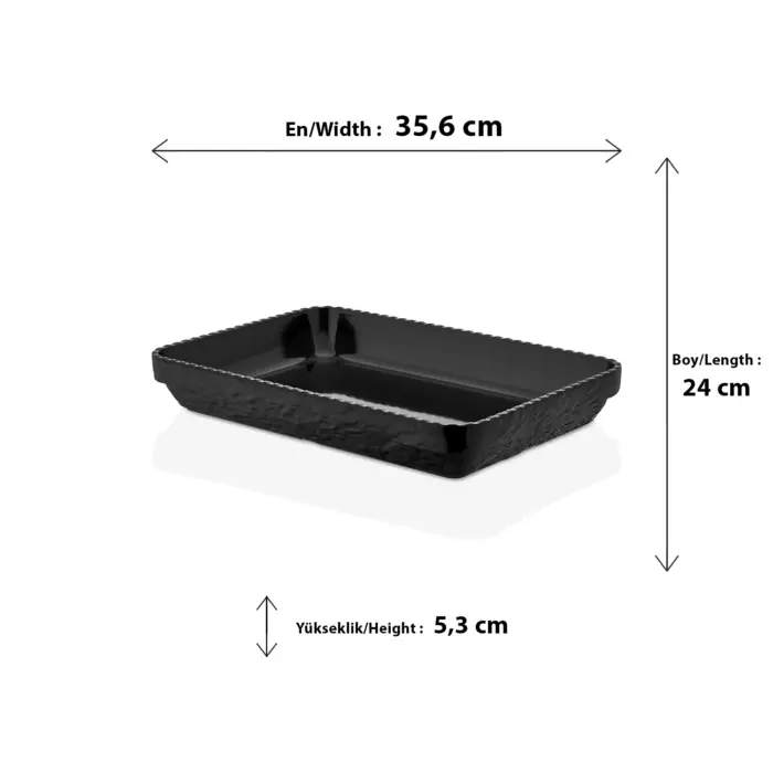 35,6x24 cm ölçülerinde, 5,3 cm derinliğe sahip dışı kaya dokulu siyah renkli dikdörtgen HappyChef açık büfe sunum kasesi ve meze teşhir küveti.