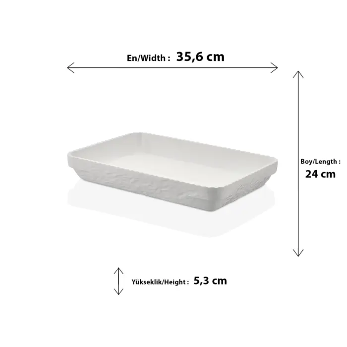35,6x24 cm ölçülerinde, 5,3 cm derinliğe sahip dışı kaya dokulu krem beyaz renkli dikdörtgen HappyChef açık büfe sunum kasesi ve meze teşhir küveti.