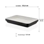 35,6x24 cm ölçülerinde, 5,3 cm derinliğe sahip içi pürüzsüz krem, dışı kaya dokulu siyah çift renkli dikdörtgen HappyChef açık büfe sunum kasesi ve meze teşhir küveti.
