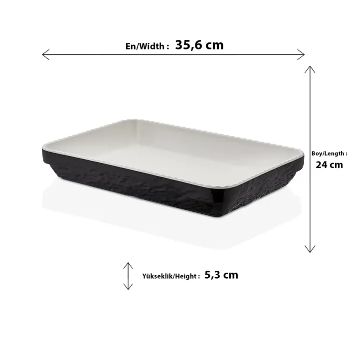 35,6x24 cm ölçülerinde, 5,3 cm derinliğe sahip içi pürüzsüz krem, dışı kaya dokulu siyah çift renkli dikdörtgen HappyChef açık büfe sunum kasesi ve meze teşhir küveti.