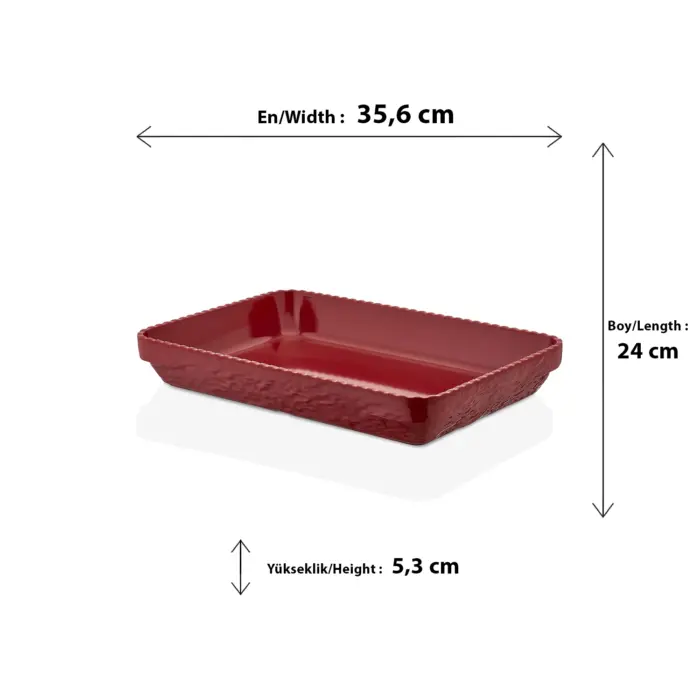 35,6x24 cm ölçülerinde, 5,3 cm derinliğe sahip dışı kaya dokulu kırmızı renkli dikdörtgen HappyChef açık büfe sunum kasesi ve meze teşhir küveti.