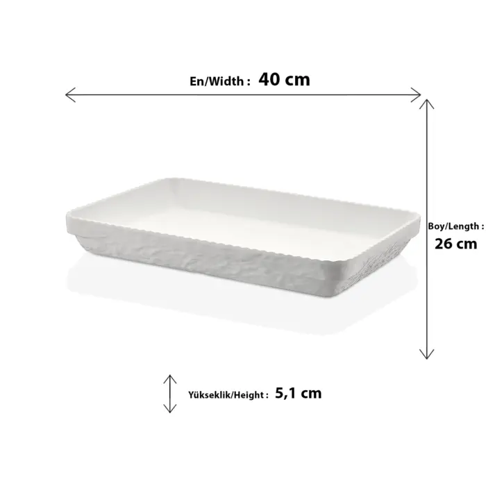 40x26 cm ölçülerinde, 5,1 cm derinliğe sahip dışı kaya dokulu krem beyaz renkli dikdörtgen HappyChef açık büfe sunum kasesi ve meze teşhir küveti.
