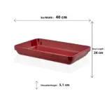 40x26 cm ölçülerinde, 5,1 cm derinliğe sahip dışı kaya dokulu kırmızı renkli dikdörtgen HappyChef açık büfe sunum kasesi ve meze teşhir küveti.