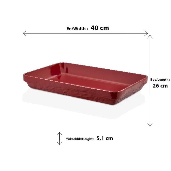 40x26 cm ölçülerinde, 5,1 cm derinliğe sahip dışı kaya dokulu kırmızı renkli dikdörtgen HappyChef açık büfe sunum kasesi ve meze teşhir küveti.