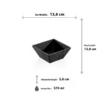 13,8x13,8 cm ölçülerinde, 5,8 cm yüksekliğe ve 570 ml hacme sahip kendinden dalga desenli parlak siyah porsiyonluk kare HappyChef melamin açık büfe meze, sos ve çerez kasesi.