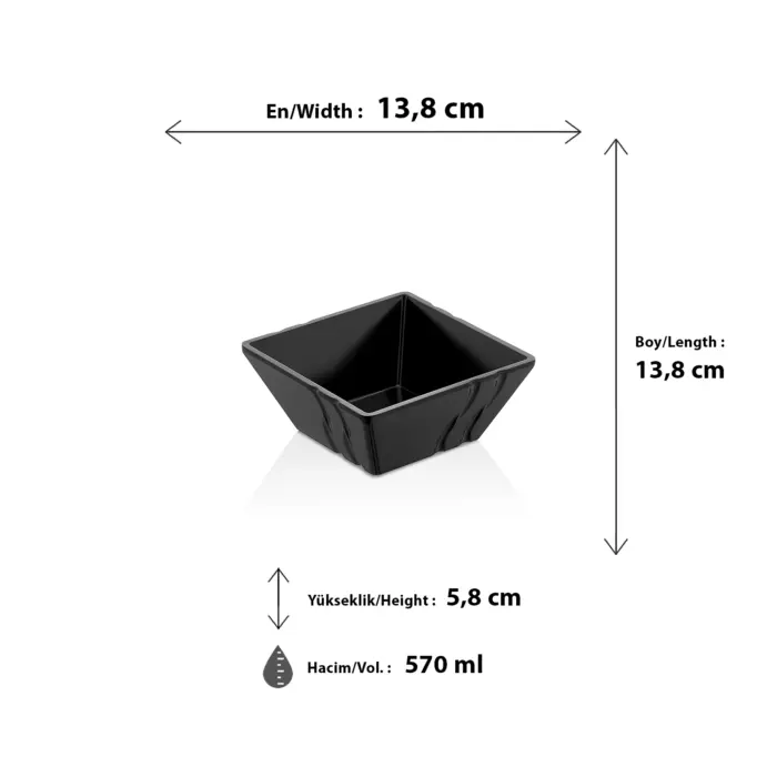 13,8x13,8 cm ölçülerinde, 5,8 cm yüksekliğe ve 570 ml hacme sahip kendinden dalga desenli parlak siyah porsiyonluk kare HappyChef melamin açık büfe meze, sos ve çerez kasesi.