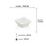 13,8x13,8 cm ölçülerinde, 5,8 cm yüksekliğe ve 570 ml hacme sahip kendinden dalga desenli parlak beyaz porsiyonluk kare HappyChef melamin açık büfe meze, sos ve çerez kasesi.