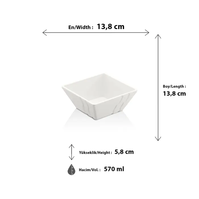 13,8x13,8 cm ölçülerinde, 5,8 cm yüksekliğe ve 570 ml hacme sahip kendinden dalga desenli parlak beyaz porsiyonluk kare HappyChef melamin açık büfe meze, sos ve çerez kasesi.
